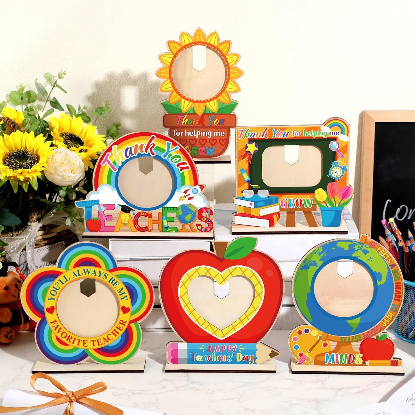 Qunclay 6 Pcs Back to School Wood Teacher Picture Frames