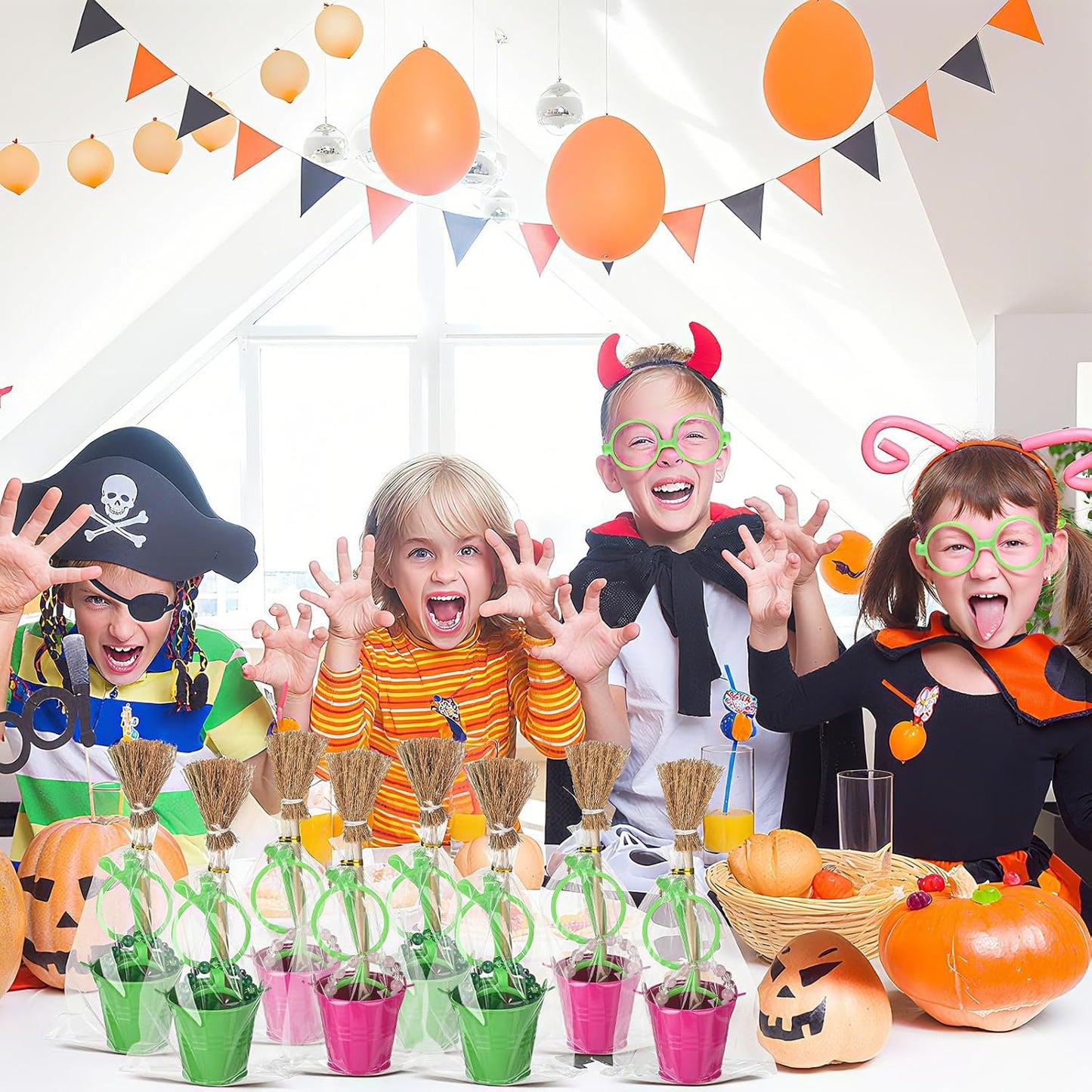 Weysat 32 Pcs Witch and Princess Party Favors Gifts Including Broom Pencils Green and Pink Friendship Matching Bracelets Eyeglass Frames and Small Iron Bucket for Birthdaby Halloween Party Decoration