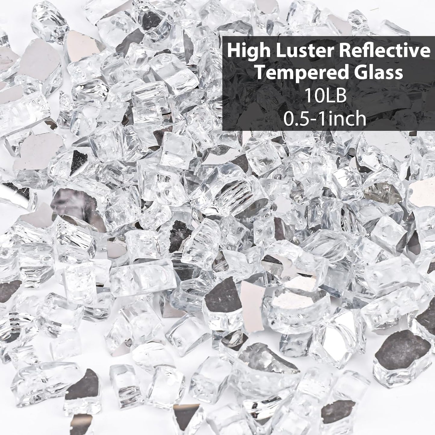 DomeStar 10LB Fire Glass for Fire Pit, High Luster Reflective Tempered Glass Rocks for Natural or Propane Fireplace Outdoors Indoors Silver