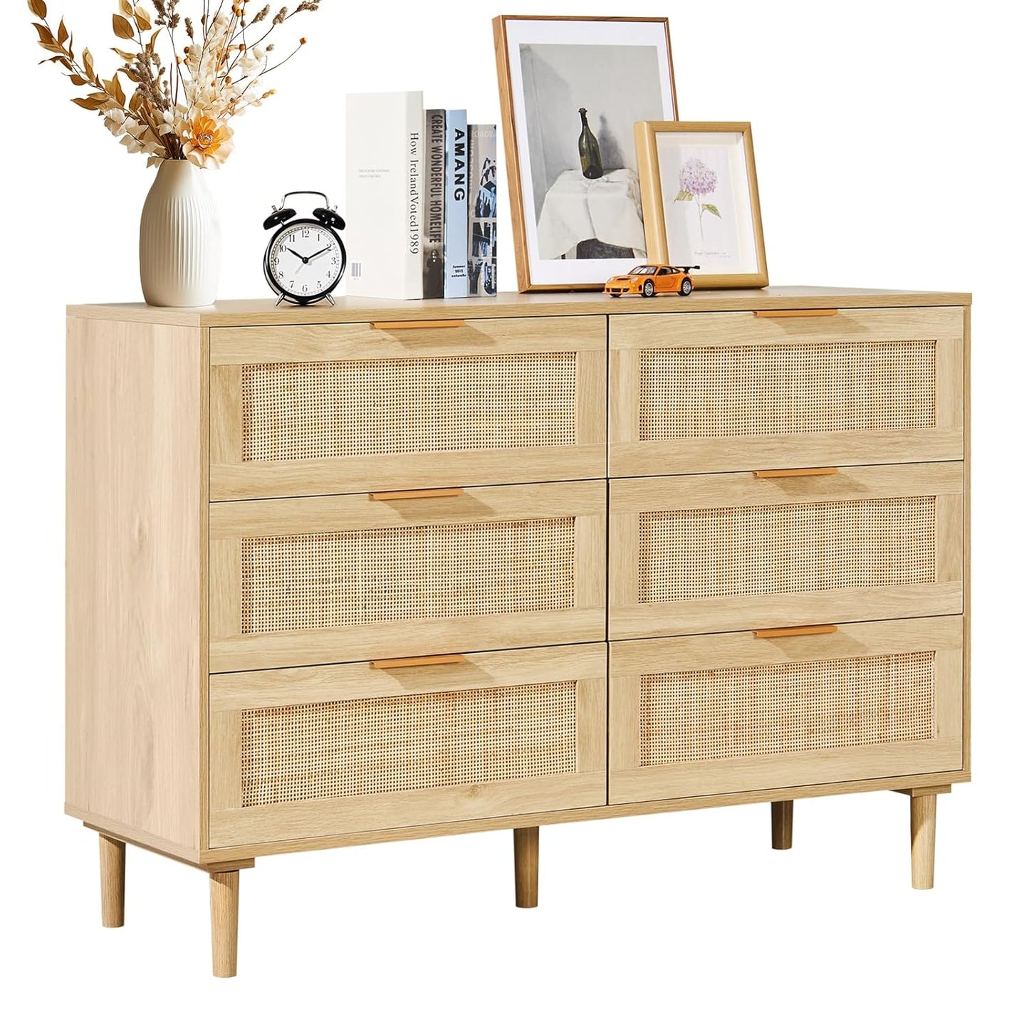 NEW - VEVOR 6 Drawer Rattan Dresser, Boho Dresser, Rattan Chest of Drawers with Spacious Storage, Natural Rattan Dresser for Bedroom, Living Room & Hallway,Rattan Nightstand with Sturdy Handles&Legs, Brown - Retail $209