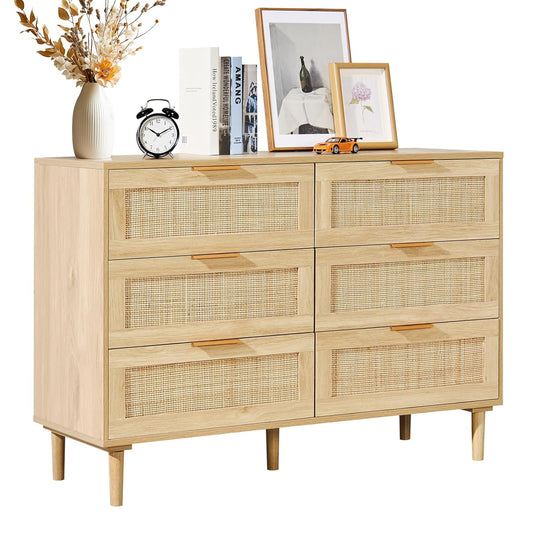 NEW - VEVOR 6 Drawer Rattan Dresser, Boho Dresser, Rattan Chest of Drawers with Spacious Storage, Natural Rattan Dresser for Bedroom, Living Room & Hallway,Rattan Nightstand with Sturdy Handles&Legs, Brown - Retail $209
