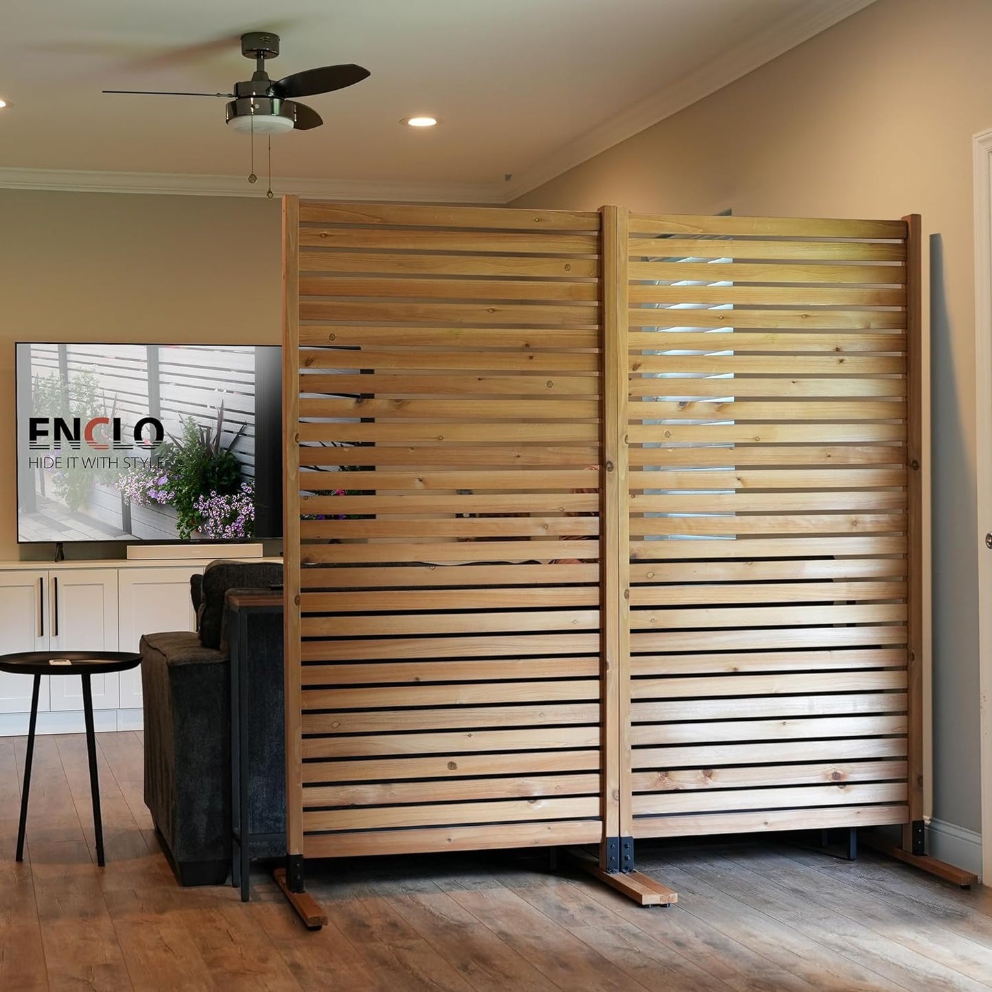 Enclo Privacy Screens EC18030 73.5in H x 36in W Tiaga Slatted Premium Wood Freestanding or Surface Mounted Privacy Screen Kit (1 Panel) - Retail $135