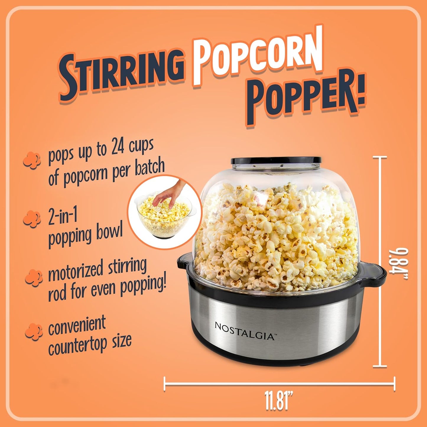 NEW - Nostalgia 6-Quart Stirring Popcorn Popper With Quick-Heat Technology, Makes 24 Cups of Popcorn, Kernel Measuring Cup, Oil Free, Makes Roasted Nuts, Perfect for Birthday Parties, Stainless - Retail $39