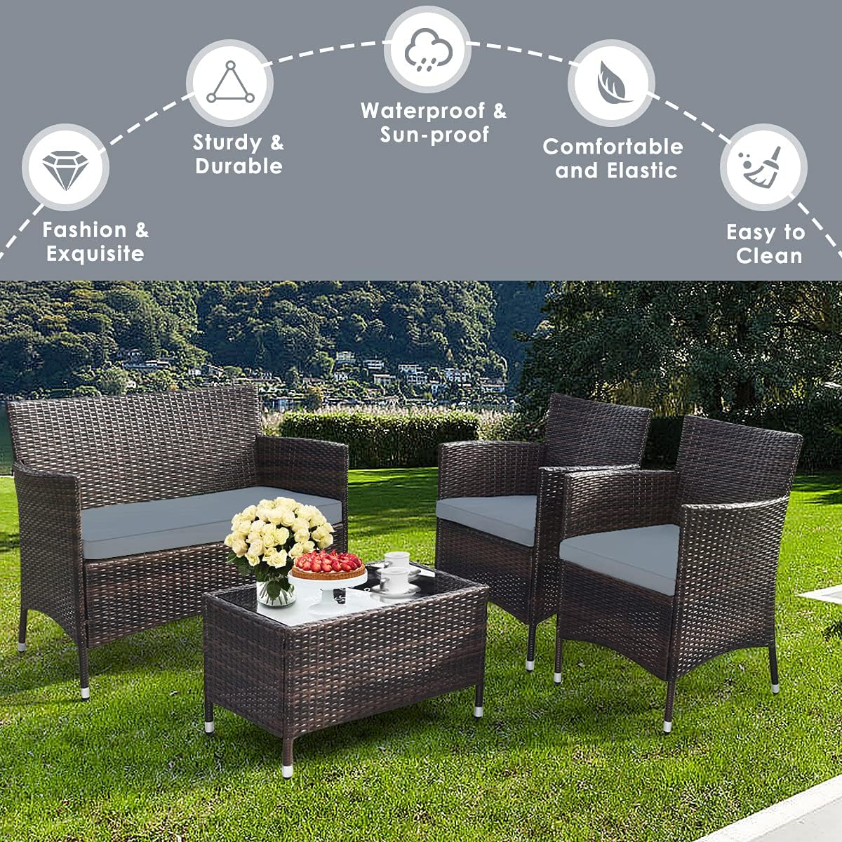 NEW - Goplus 4-Piece Rattan Patio Set, Outdoor/Indoor Wicker Conversation Set for Pool, Backyard, Lawn, Wicker Chairs and Sofa with Soft Cushion, Rattan Furniture with Tempered Glass Coffee Table - Retail $210