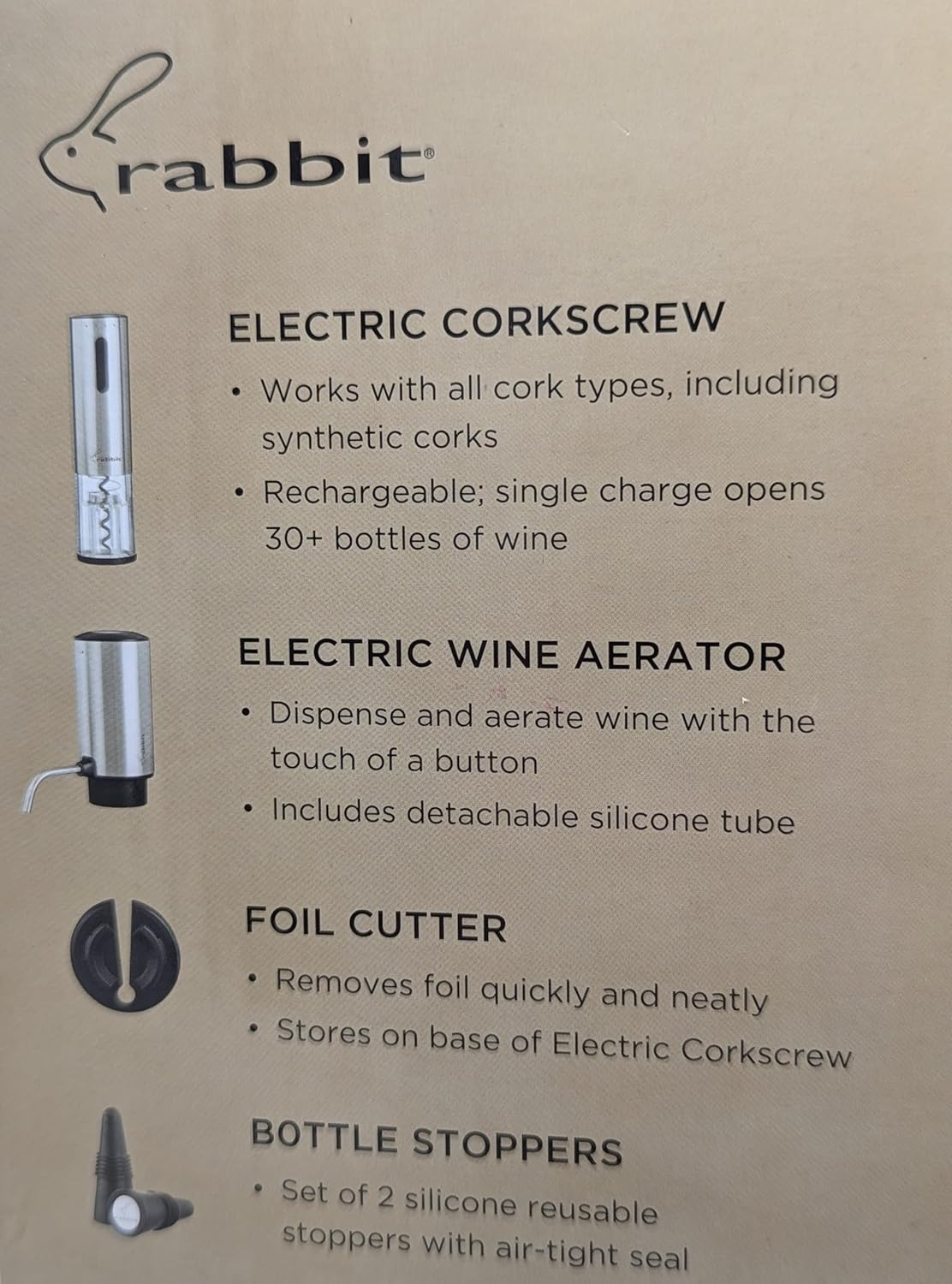 Rabbit Electric Wine Tool Set - 5-Piece Wine Accessory Collection - Aerator, Corkscrew, Cutter, Stoppers, Charging Cables - Retail $39