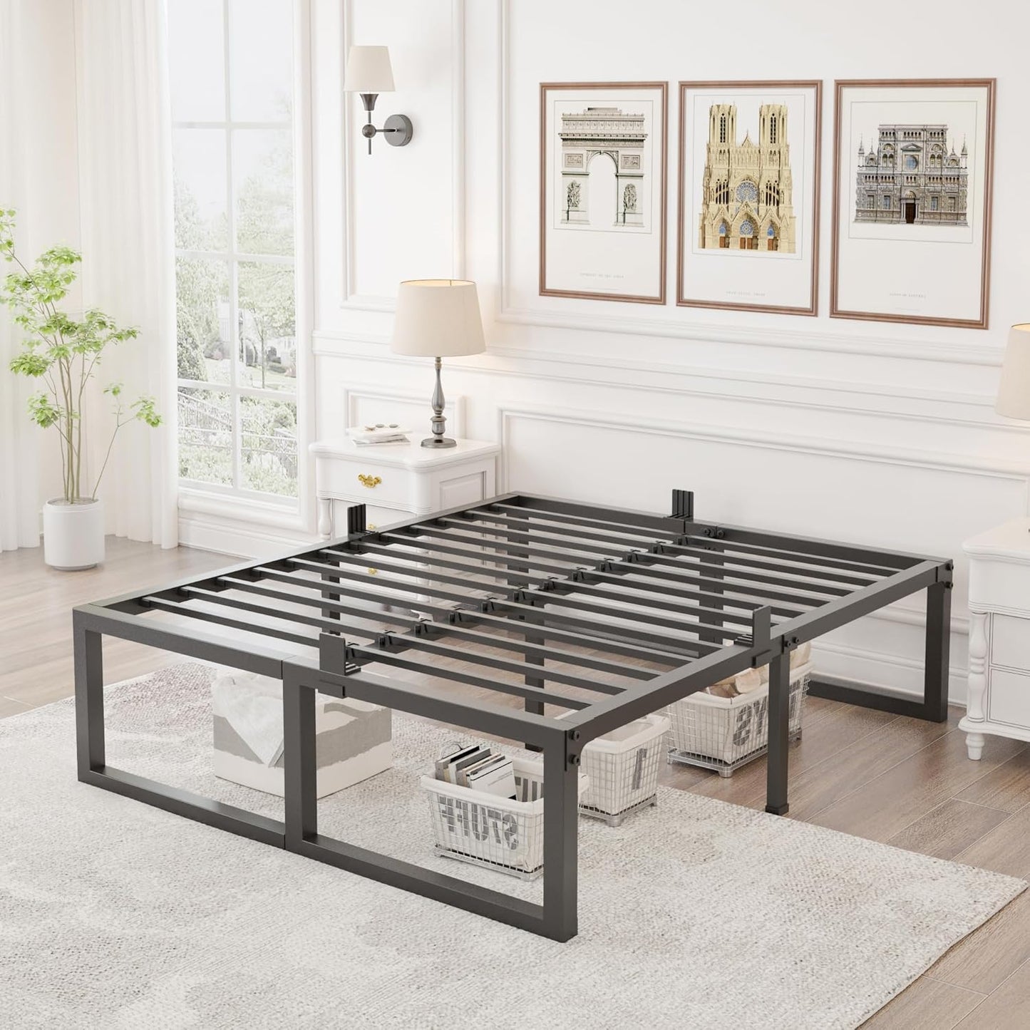 KING Bed Frame, 18 Inch High 3500 lbs Metal Platform, Mattress Foundation with Steel Slat Support/No Box Spring Needed/Noise Free/Non-Slip/Easy Assembly - Retail $116