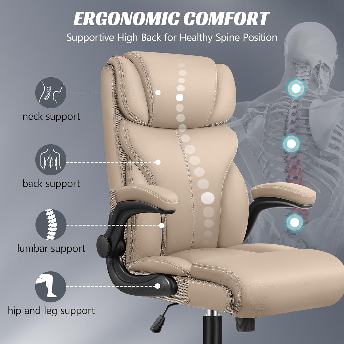 Office Chair, Ergonomic Big and Tall Computer Desk Chairs, Executive Breathable Leather Chair with Adjustable High Back Flip-up Armrests, Lumbar Support Swivel PC Chairs with Rocking Function - Retail $170