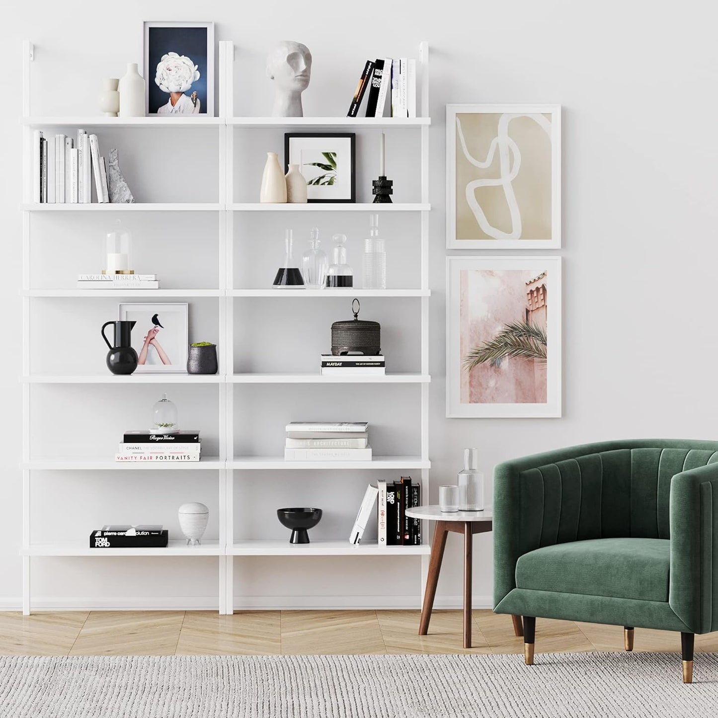 NEW - Nathan James Theo 6-Shelf Tall Modern Bookshelf, Wall Mount Ladder Shelf Bookcase with Wood and Industrial Metal Frame, Matte White - Retail $199