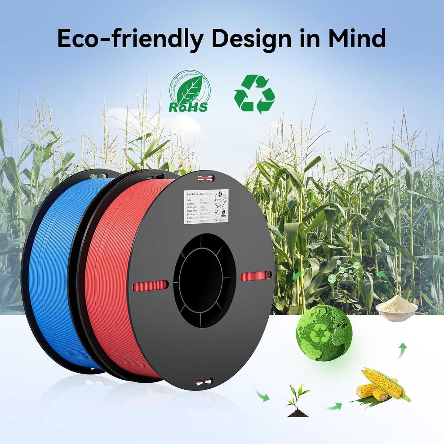 Filament 1.75mm 2 Packs for 3D Printing, Cost-Effective Ender PLA Filament 3D Printers, No-Tangling, Strong Bonding and Overhang Performance Dimensional Accuracy +/-0.02mm, Blue & Red