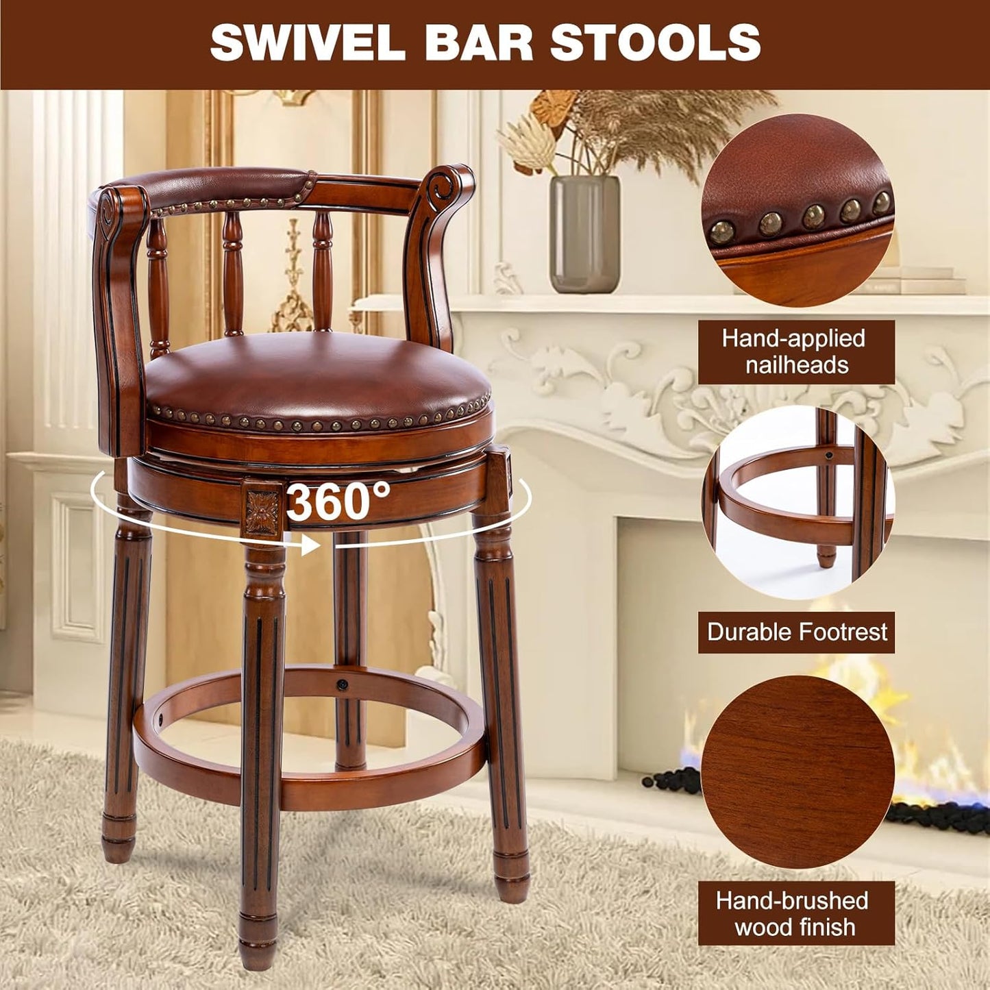 NEW - Bar Stools Modern Swivel Barstools,Kitchen Counter Genuine Leather Upholstered Island Barstool with Footrest for Home Kitchen Dining Room (Brown, Seat Height 26 in) - Retail $240