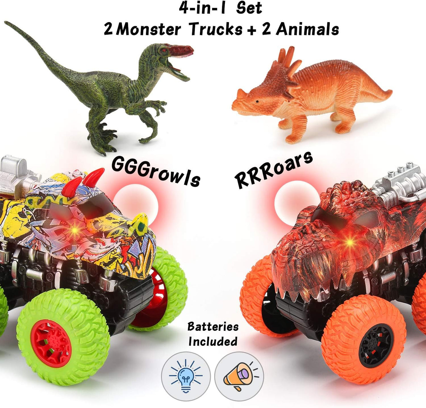 MÖBIUS Monster Truck Toy Set - 2 Dinosaur Trucks + 2 Realistic Toy Dinosaurs
