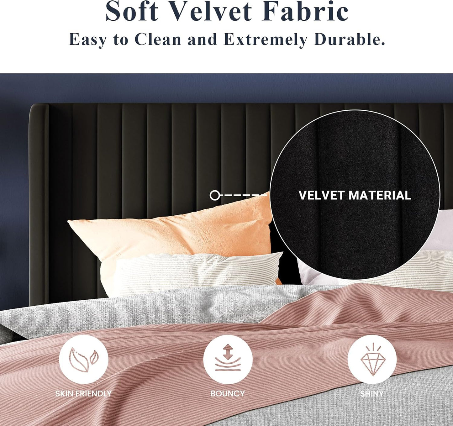 Allewie Queen Size Velvet Bed Frame/Vertical Channel Tufted Wingback Headboard/Upholstered Platform Bed/Strong Wooden Slats/No Box Spring Needed/Easy Assembly/Black