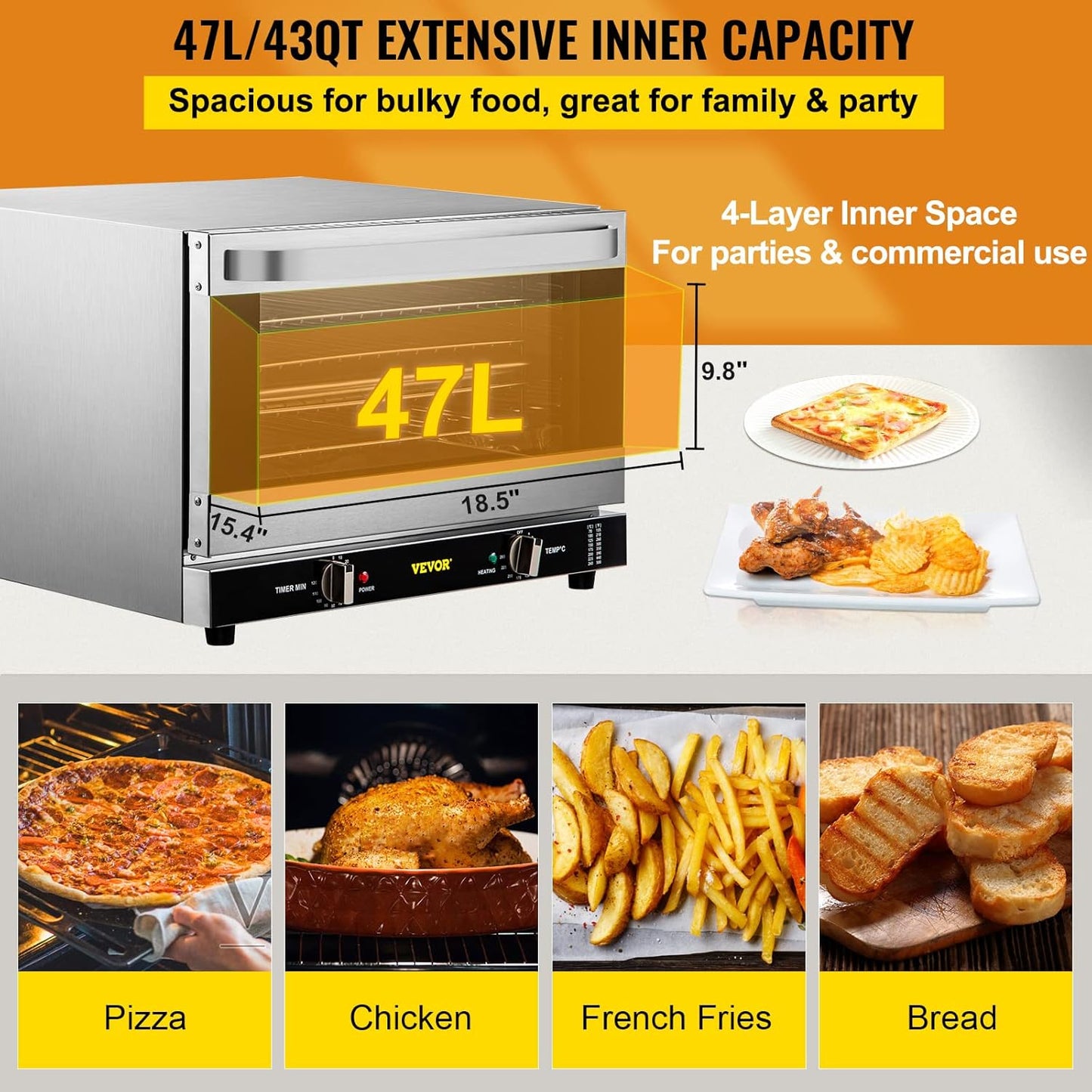 NEW - VEVOR Commercial Convection Oven, 47L, 1600W, 4-Tier Design, Glass Door, Countertop Size, Includes Racks & Trays