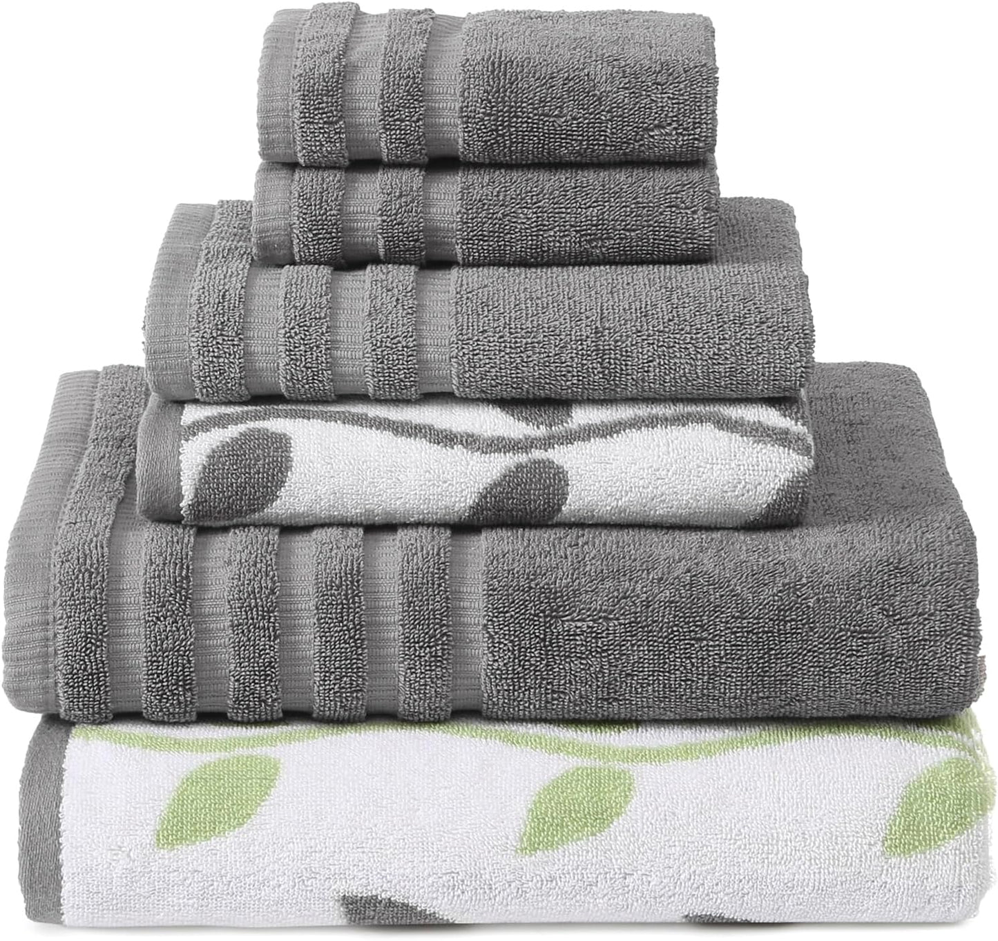 Modern Threads Organic Vines 6-Piece 100% Cotton Towel Set – Yarn Dyed Jacquard & Solid – Includes 2 Bath Towels, 2 Hand Towels, 2 Washcloths – Absorbent, Quick Dry, Soft & Durable – Gray