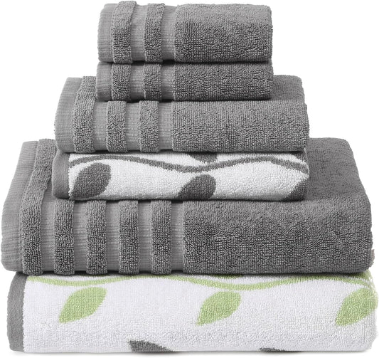 Modern Threads Organic Vines 6-Piece 100% Cotton Towel Set – Yarn Dyed Jacquard & Solid – Includes 2 Bath Towels, 2 Hand Towels, 2 Washcloths – Absorbent, Quick Dry, Soft & Durable – Gray