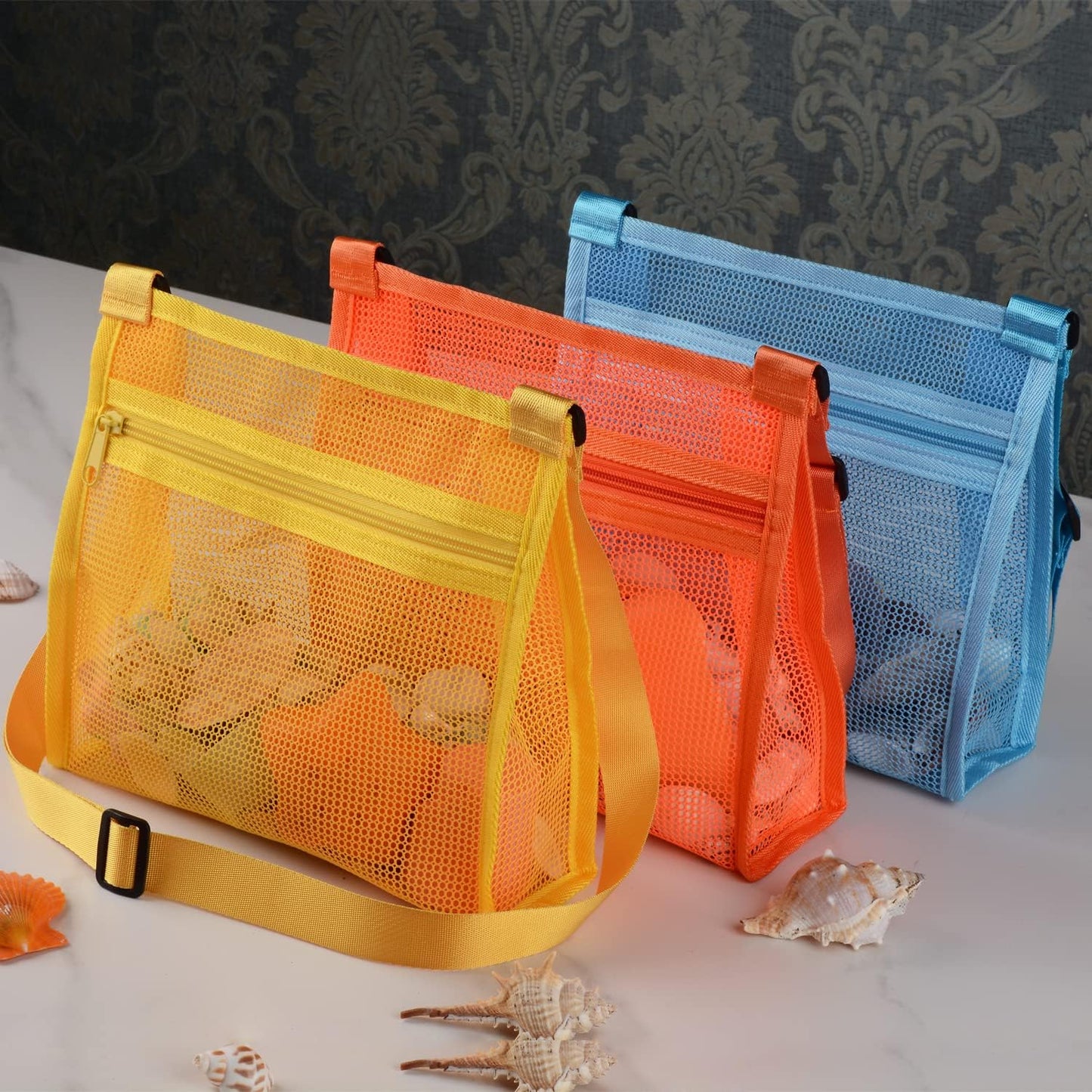 Mesh Bag for Holding Beach Shell,Toys (Blue&Yellow&Orange 3pack) Shell Collecting Bags for Kids, for Picking Up Shells