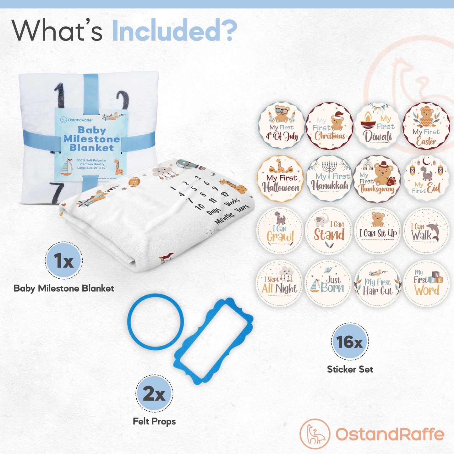 OSTANDRAFFE Monthly Milestone Blanket for Baby, Premium Soft Fleece Blanket, First 12 Months Growth Chart, Large Size 60" x 40", 16 Milestone Stickers