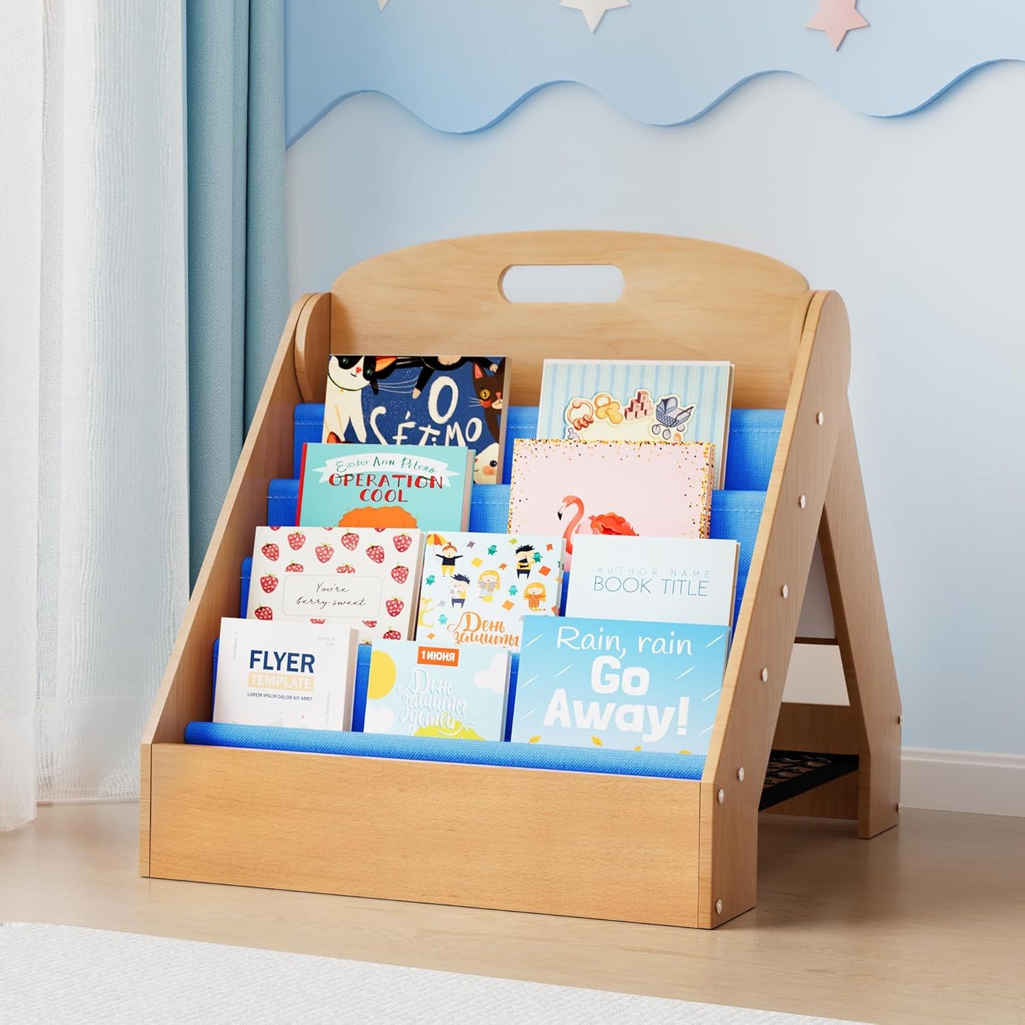 ZIFTY Kids Bookshelf 2-in-1 Design Book Organizer and Easel for Kids, Montessori Book Shelf for Kids Rooms, 4 Tier Bookcase for Age 3+ Girl Boy´s Bedroom Decor, Storage for Small Toys, Blue