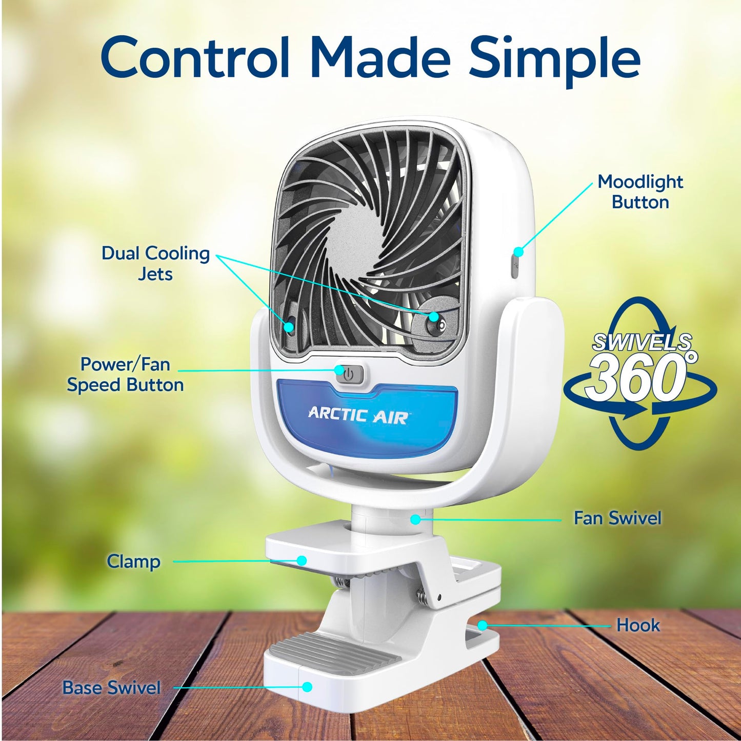 Arctic Air Grip Go Evaporative Cooler, Cordless & Portable Fan with 3 Speeds, Universal Clamp 360 Degrees Head Swivel, USB Charging, 5-Hour Battery, Personal for Home, Office, Car More, White