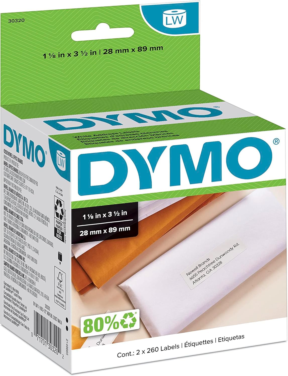 DYMO LW Mailing Address Labels for LabelWriter Label Printers, White, 1-1/8'' x 3-1/2'', 2 Rolls of 260