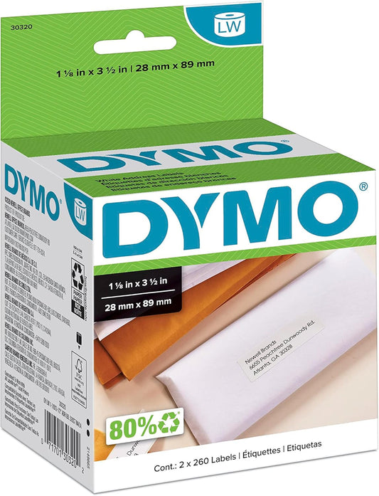 DYMO LW Mailing Address Labels for LabelWriter Label Printers, White, 1-1/8'' x 3-1/2'', 2 Rolls of 260