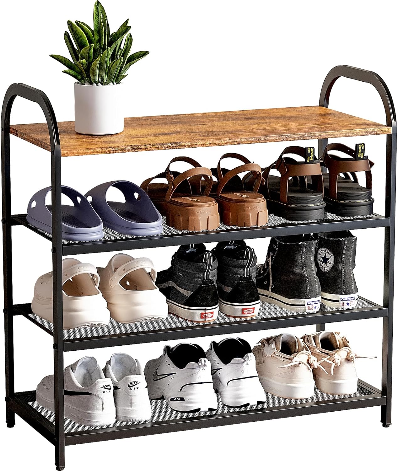 NEW w/ dmg - 4-Tier Shoe Rack with Large Capacity, Metal Shoe Shelf Organizer, Free Standing Shoe Rack for Front Door Entrance Entryway Hallway Living Room Doorway (11.02"D x 24.41"W x 23.62"H, Rustic)