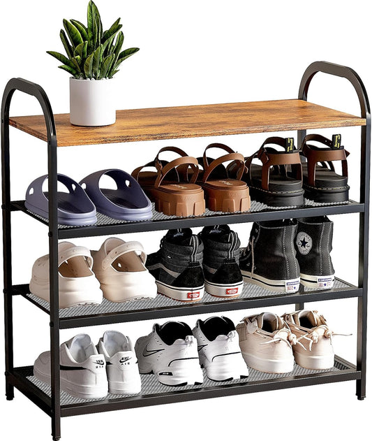 NEW w/ dmg - 4-Tier Shoe Rack with Large Capacity, Metal Shoe Shelf Organizer, Free Standing Shoe Rack for Front Door Entrance Entryway Hallway Living Room Doorway (11.02"D x 24.41"W x 23.62"H, Rustic)