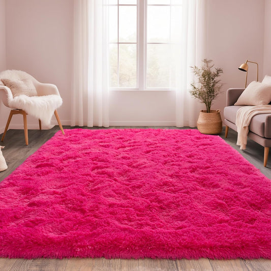Hot Pink Fluffy Rug for Bedroom 5x7 ft - Ultra Soft & Non Slip Shaggy Area Rug, Comfy Girls Room Carpet for Living Room Kids Room Teens Dorm Home Decor, 1.7'' Thick Indoor Plush Carpets