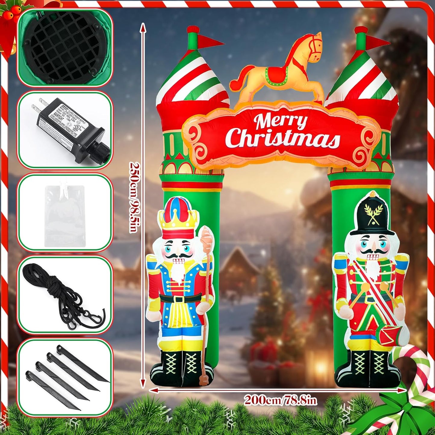 8.2 ft Christmas Inflatable Nutcracker Soldier Yard Decoration Xmas Inflatable Arch Outdoor Decoration with Build in LED Light Blow up Soldier Decor for Christmas Party Lawn Garden Supplies