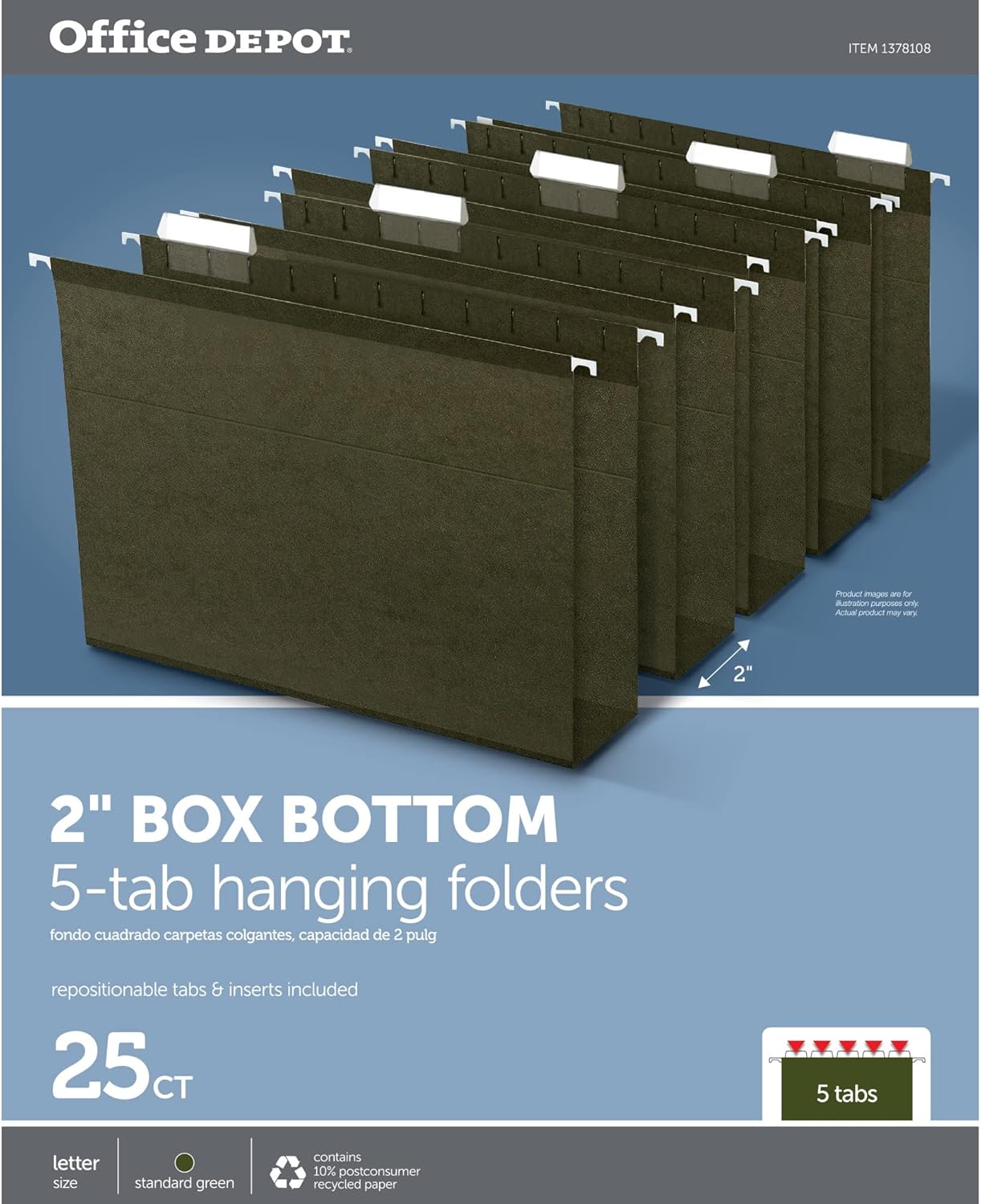 Office Depot® Brand Tab-View Extra-Capacity Box-Bottom Hanging Folders, 2" Expansion, Letter Size, 70% Recycled, Green, Box of 25 - Retail $18
