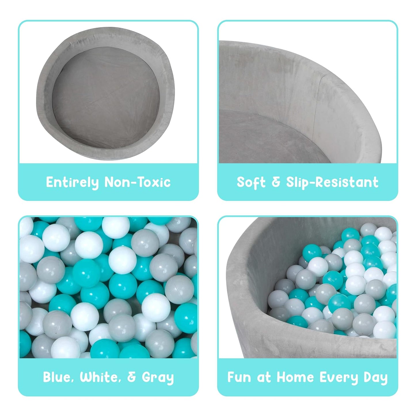 NEW - Nuby Velvet Ball Pit, Soft Play Foam Ball Pits for Baby and Toddlers with 200 Colored Balls Included, Ball Pit Playpen, Indoor Play Gym, Outdoor Play Ball Pit for Babies, Bounce Ball Game Aqua & Gray - Retail $99