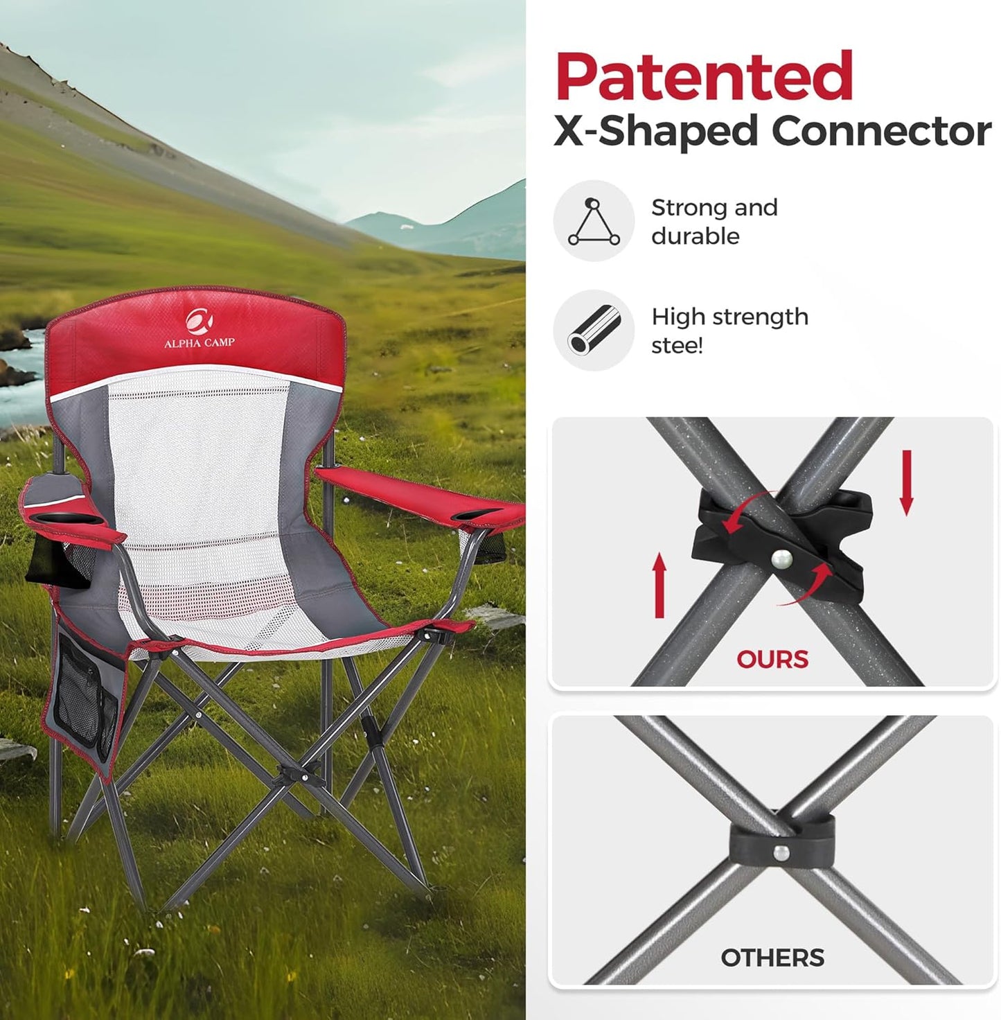 ALPHA CAMP Oversized Mesh Back Camping Folding Chair Heavy Duty Support 350 LBS Collapsible Steel Frame Quad Chair Padded Arm Chair with Cup Holder Portable for Outdoor (Red) - Retail $90