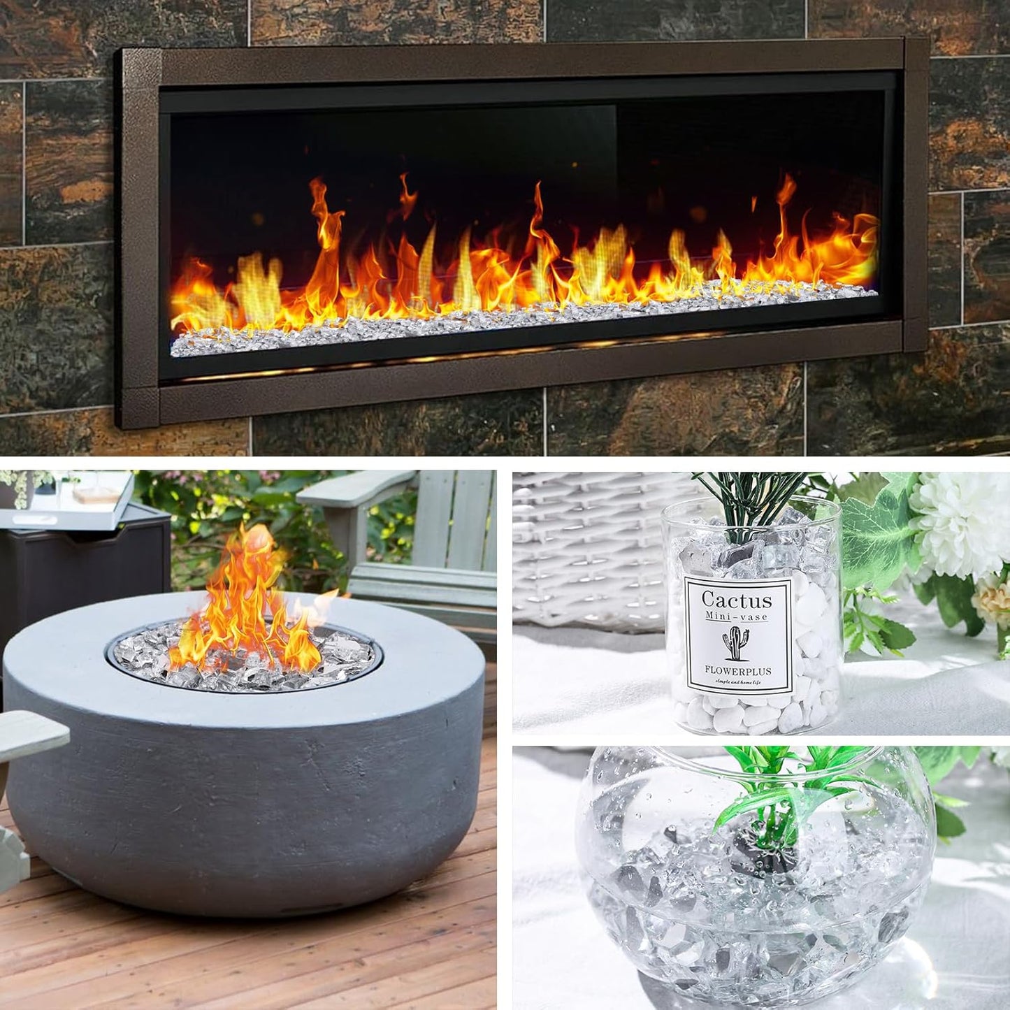 DomeStar 10LB Fire Glass for Fire Pit, High Luster Reflective Tempered Glass Rocks for Natural or Propane Fireplace Outdoors Indoors Silver