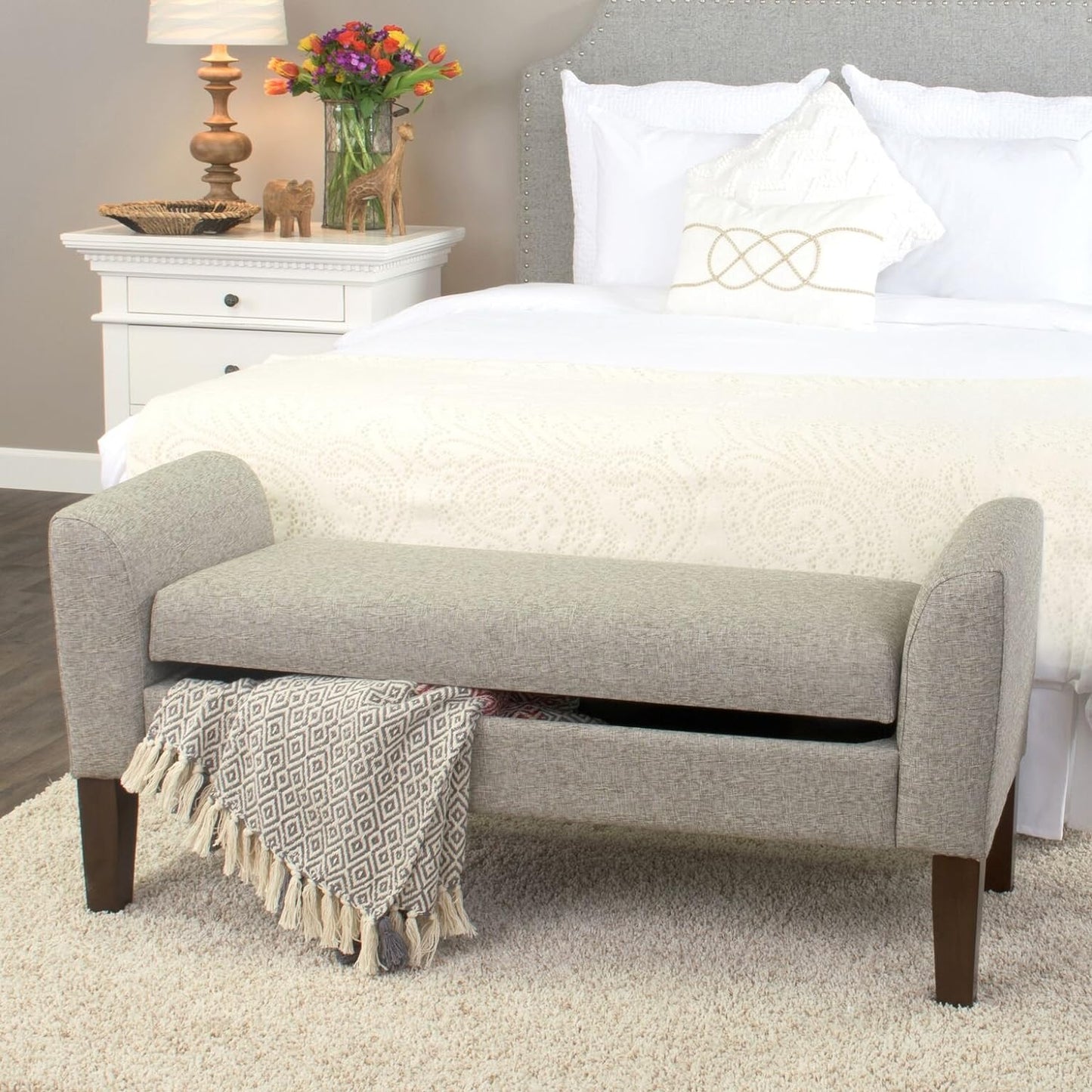 NEW - HomePop Tara Upholstered Storage Settee Bench with Hinged Lid, Grey - Retail $172