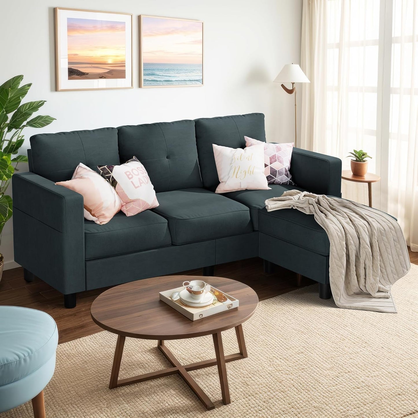 NEW - Shintenchi 79 Inch Convertible Sectional Sofa Couch, Modern Linen Fabric L-Shaped , 3-Seat Sofa Sectional with Reversible Chaise for Living Room, Apartment and Small Space (Dark Grey) - Retail $259