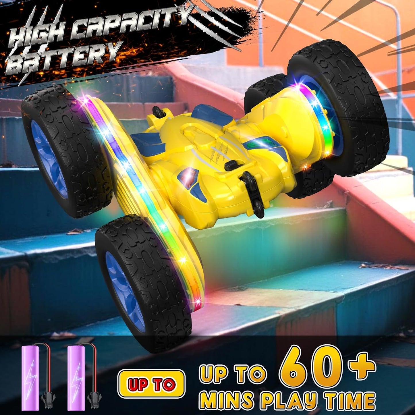 Remote Control Car,RC Cars with Sides Light Strip and Headlights,Double Sided 360 Flips Rotating RC Stunt Car,2.4Ghz All Terrain Toys for Ages 4-6 Kids Toy for Boys Girls Birthday Gift(Yellow) - Retail $20
