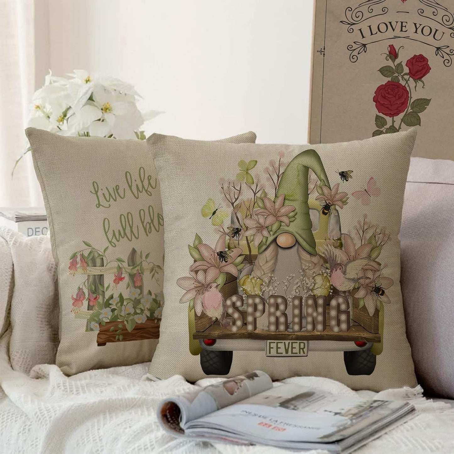 Spring Fever Gardening Gnome Truck Decorative Throw Pillow Cover 20x20 Set of 4, Lily Flowers Bee Bird House Watering Can Home Decors, Butterfly Green Birdhouse Rustic Decoration Floral Farmhouse