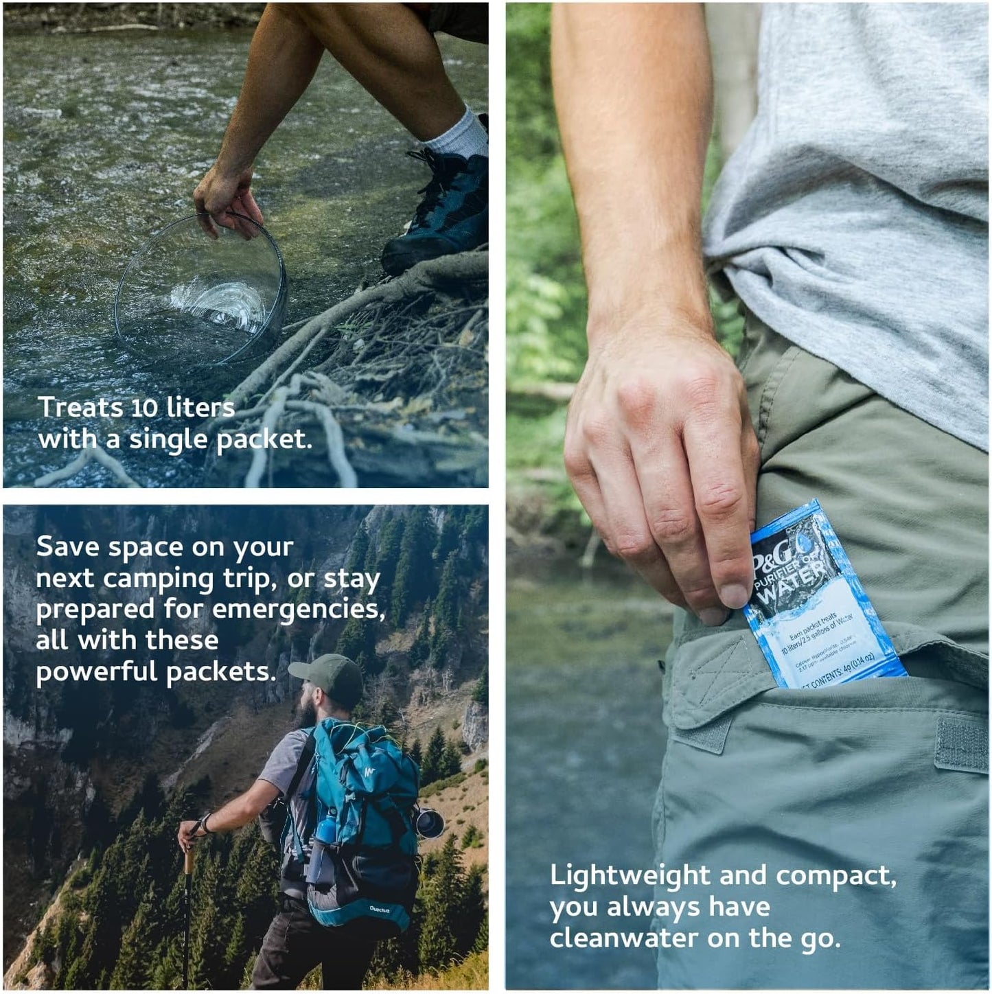 P&G Purifier of Water Portable Water Purifier Packets. Emergency Water Filter Purification Powder Packs for Camping, Hiking, Backpacking, Hunting, and Traveling. (12 Packets)