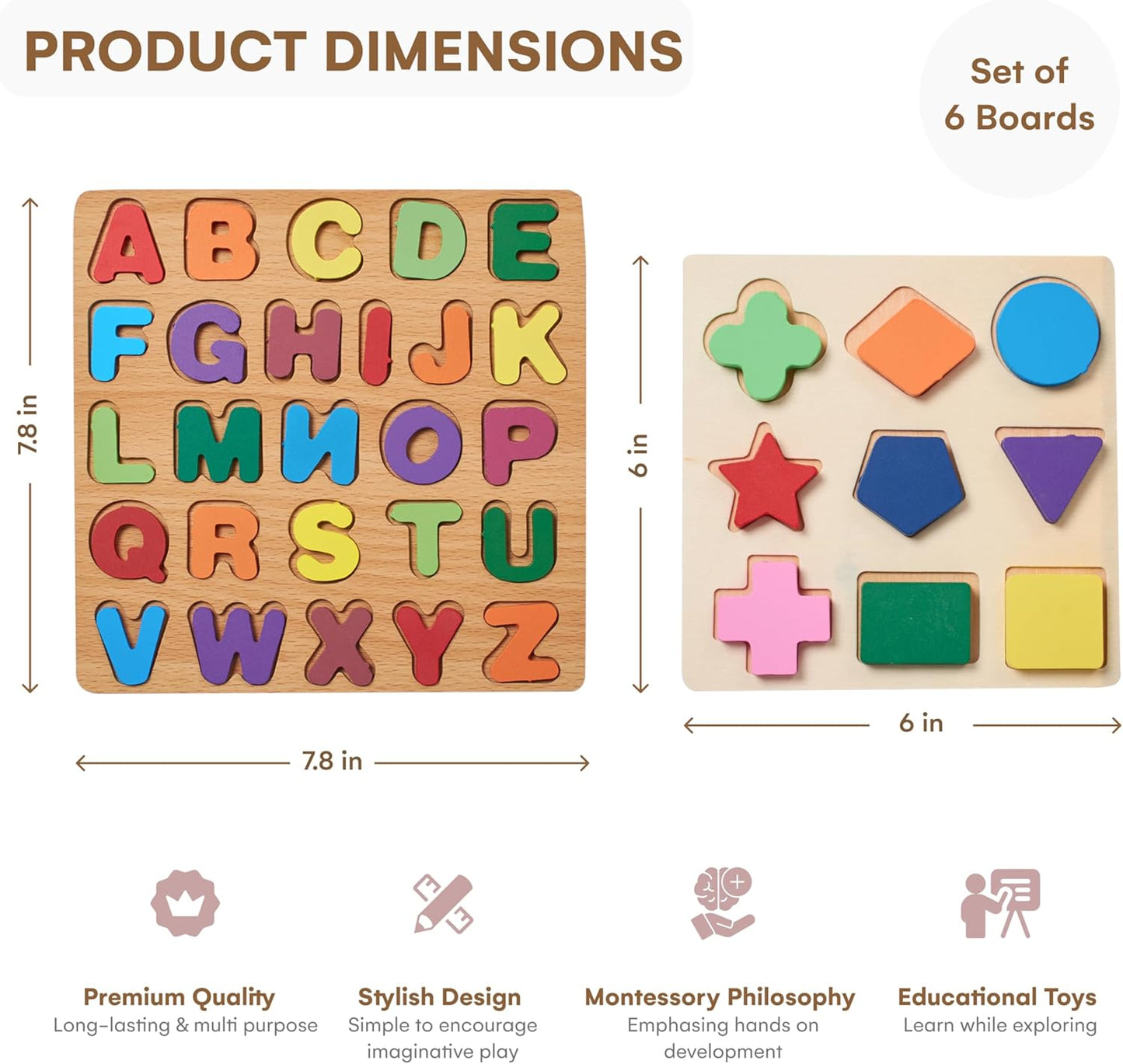Wooden Number Alphabet Blocks (6 Pc) - Multicolor, Safe Pre-School Child Puzzles, Real Wood (3+ Age)