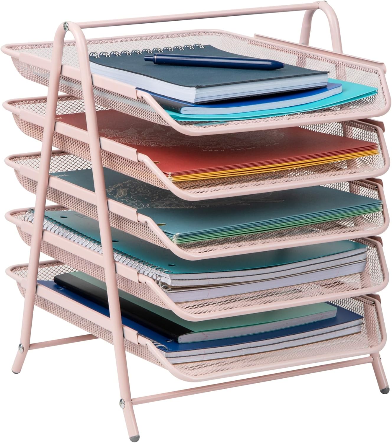 Mind Reader 5-Tier Paper Tray, Desktop Organizer, File Storage, Office, Metal Mesh, 11.75" L x 14" W x 15" H, Pink - Retail $18