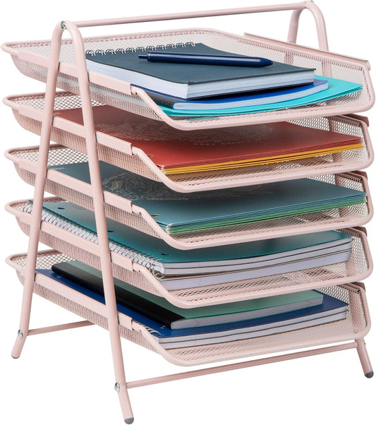 Mind Reader 5-Tier Paper Tray, Desktop Organizer, File Storage, Office, Metal Mesh, 11.75" L x 14" W x 15" H, Pink - Retail $18