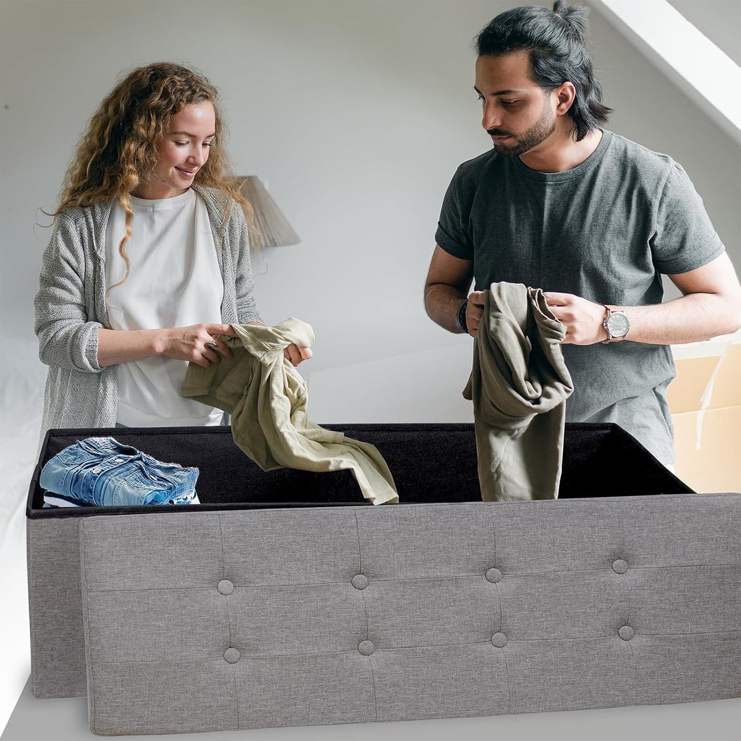 GLAXYFUR 43.3 inches Folding Storage Ottoman Bench Storage Chest Footrest for Bedroom, Entryway and Living Room, Holds up to 660 lb Dark Grey - Retail $45