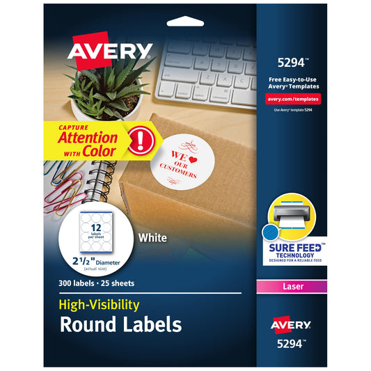 Avery® Round Printable Labels, 2.5" Diameter, Matte White, Sure Feed® Technology, Laser & Inkjet Compatible, 300 Blank Labels Total, Great for Branding, Packages, School Supplies, and More (5294)