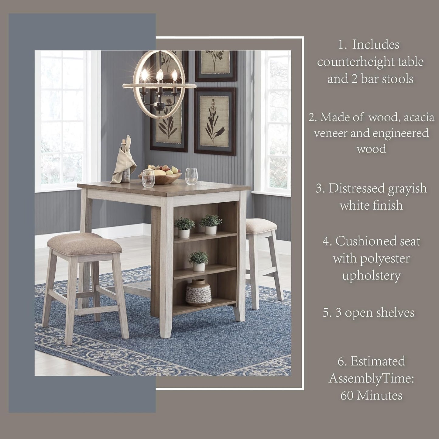 NEW - Signature Design by Ashley Skempton 3 Piece Counter Height Dining Set, Includes Table and 2 Barstools, Whitewash - Retail $349
