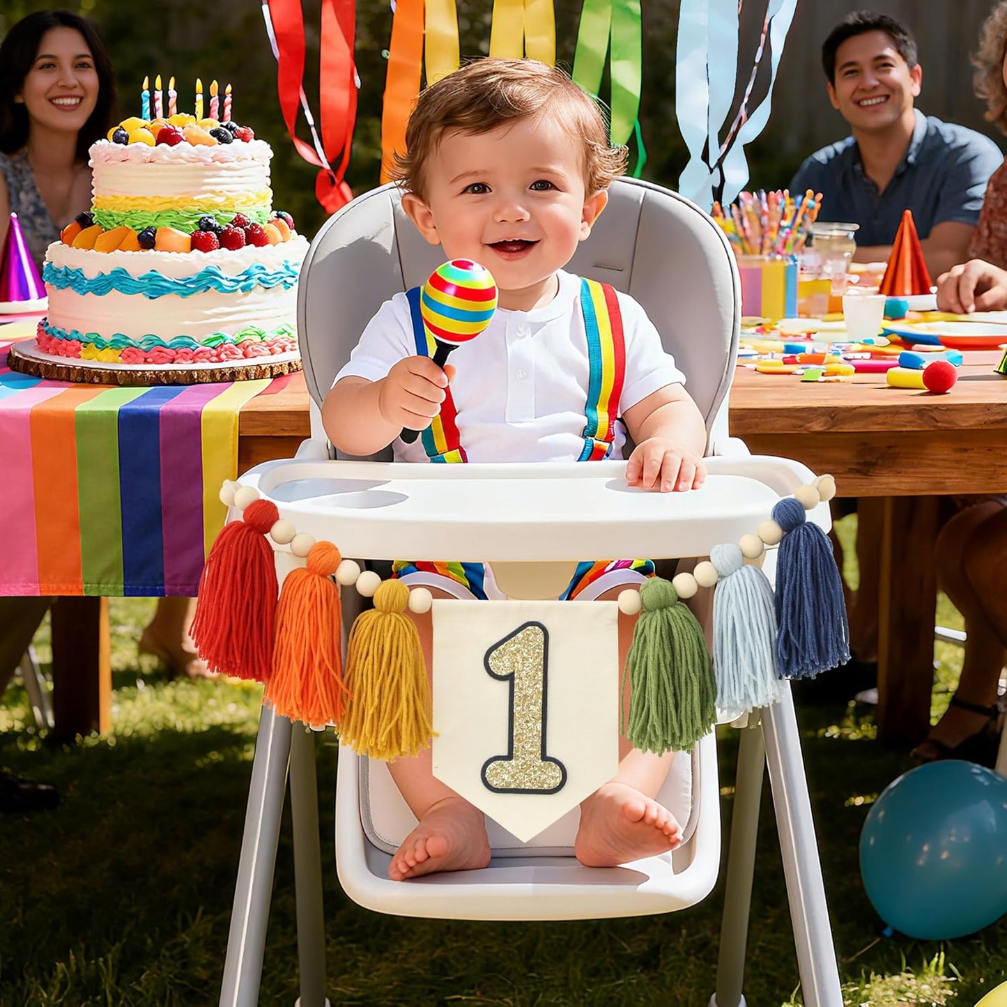 Handmade Rainbow 1st Birthday HighChair Banner Colorful Party Decoration For Girls Boys Baby Shower Kids Bedroom