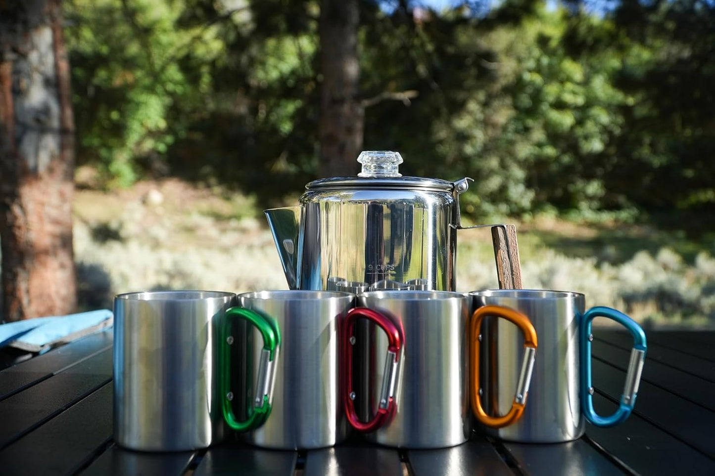 9-Cup Coffee Percolator Set with 4 Mugs – Stainless Steel Camping Coffee Pot