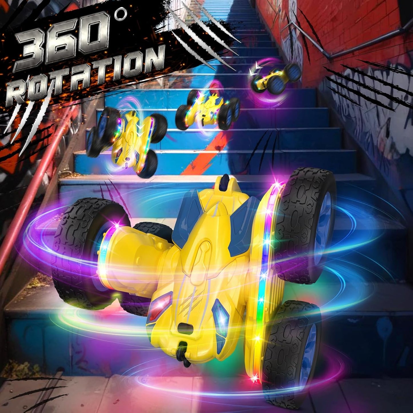 Remote Control Car,RC Cars with Sides Light Strip and Headlights,Double Sided 360 Flips Rotating RC Stunt Car,2.4Ghz All Terrain Toys for Ages 4-6 Kids Toy for Boys Girls Birthday Gift(Yellow) - Retail $20