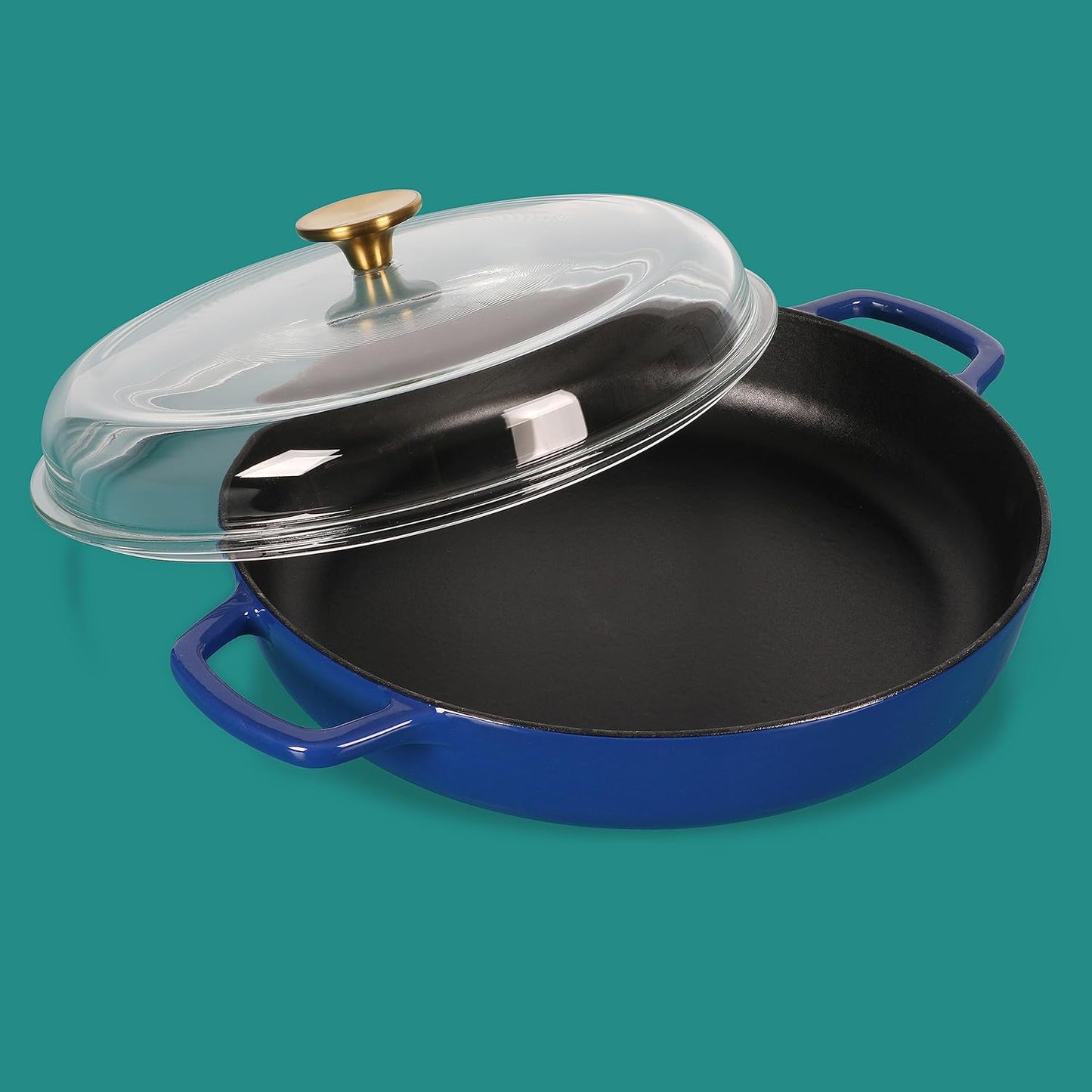 Sur La Table Kitchen Essentials 3.75 Quart Enamel Cast Iron All In One Multi-Purpose Non-Toxic Nonstick Braiser Pan W/Borosilicate Glass Lid - Blue - Retail $60