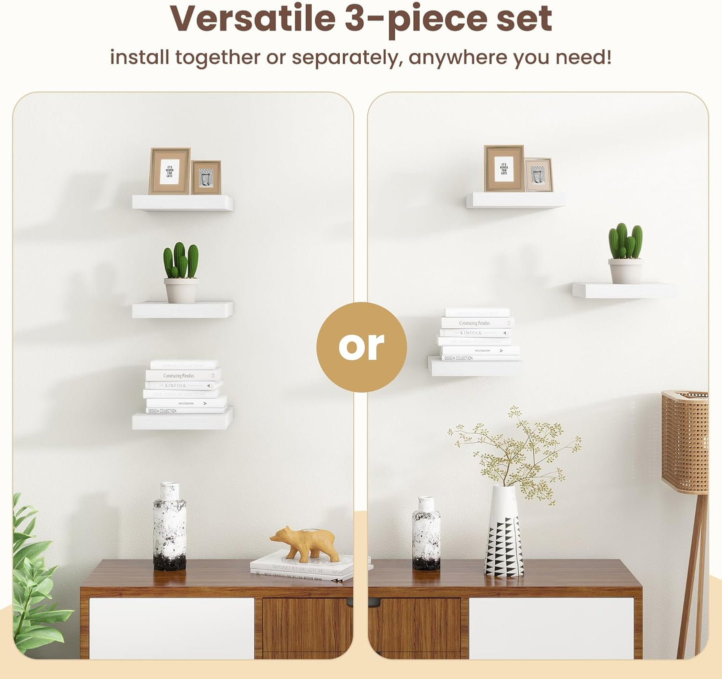 Fun Memories Floating Shelves for Wall Set of 3 - 12 Inch Square Shelves with Invisible Brackets, Small Wall Shelf for Living Room, Bathroom, Bedroom, and Kitchen Decor，Set of 3