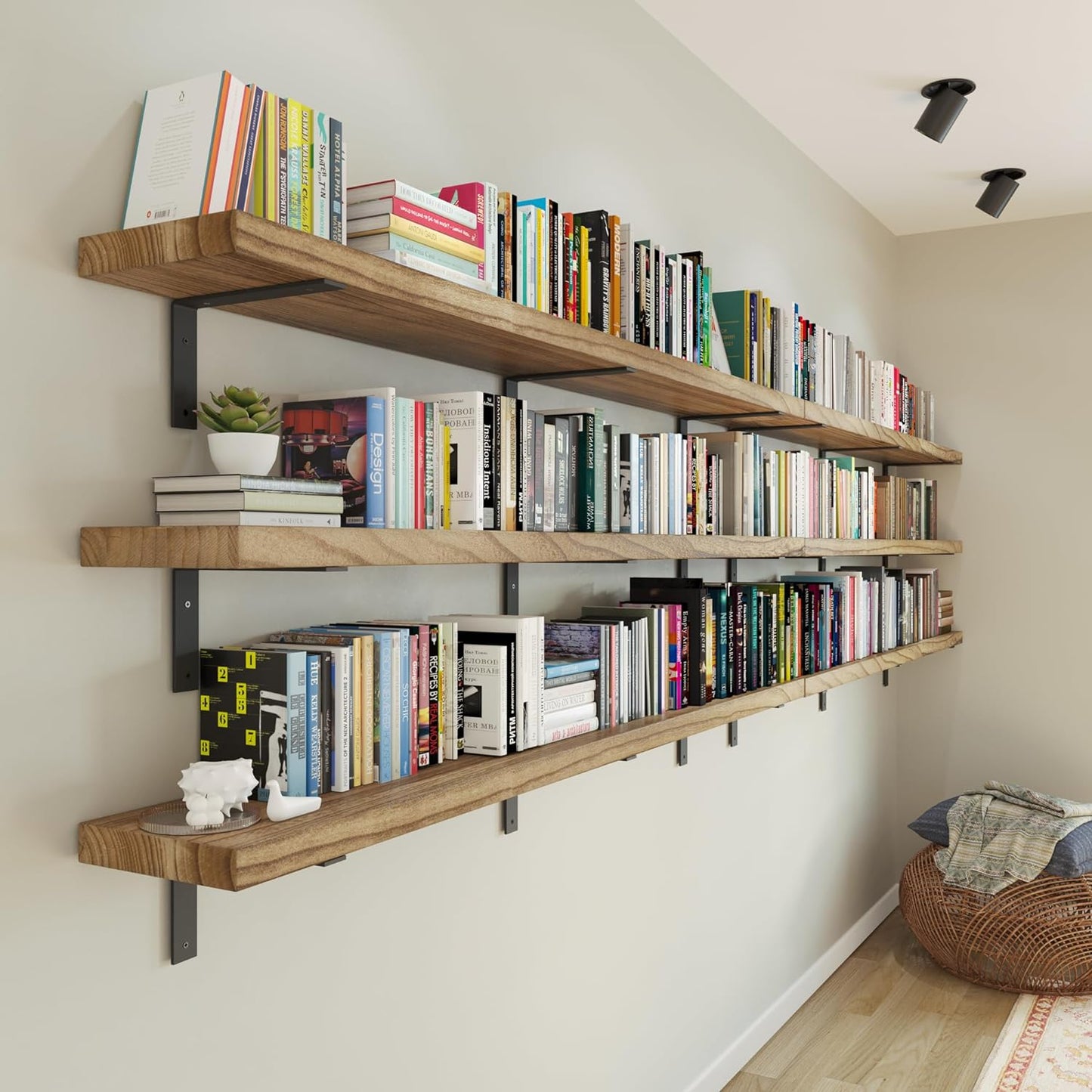NEW - Wallniture Cervo 72"x9.5" Floating Shelves for Wall, Living Room Wall Book Shelf, Floating Shelf with Metal Heavy Duty Brackets, Wall Shelf for Kitchen, Wood Wall Shelves, Burnt Set of 2 - Retail $159